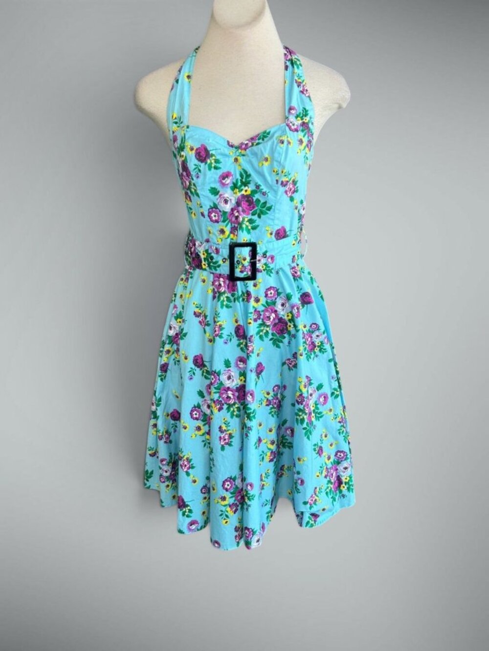 Hell Bunny Vixen Blue Floral Retro Halter Rockabilly Pin Up Dress Size M